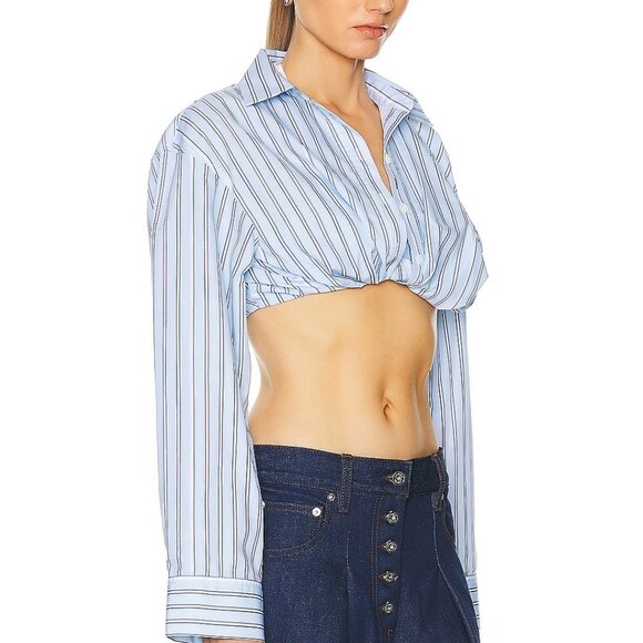 NEW NWOT JACQUEMUS La Chemise Bahia Courte in Print Blue Stripe FWRD crop top - Picture 2 of 3